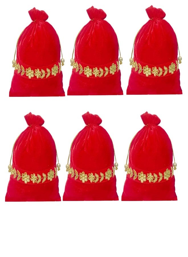 Dulhan Handcrafted Red Velvet Gota Patti Potli Bags | Traditional Embroidered Gift Bags for Wedding, Diwali, Mehndi Baby Shower | Zari Tassels and Moti Work | Reusable Decorative Pouches(Pack of 6) - Image 1
